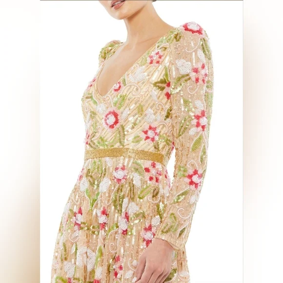 Mac Duggal 5415 Floral Beadwork Long Sleeve Dress